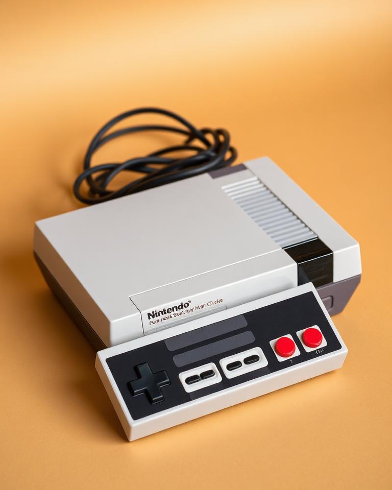 Consola Nintendo NES con mando sobre fondo naranja