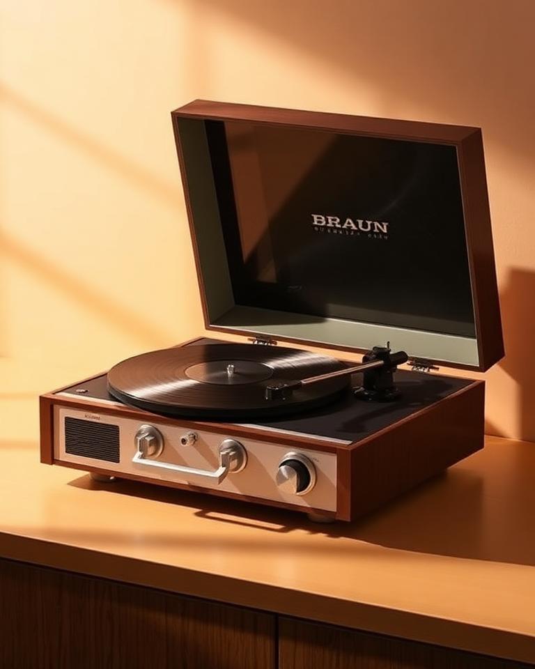 Tocadiscos Braun SK4 mid-century con tapa abierta